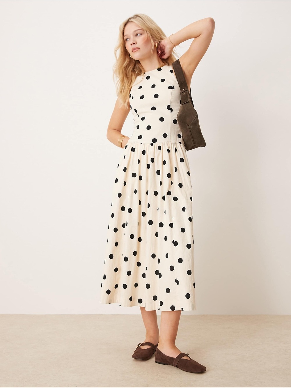 Abercrombie & Fitch Cream Midi Dress with Black Polka Dots